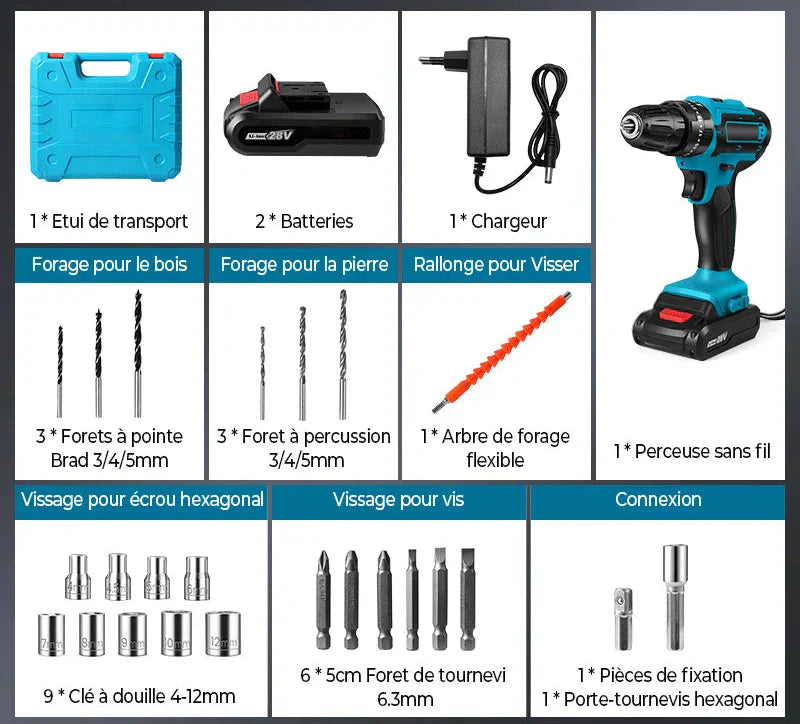 [2X1 OFERTA 2026] - KIT TALADRO INALÁMBRICO y IMPACTO + 26 ACCESORIOS + 2 BATERIAS REGALO