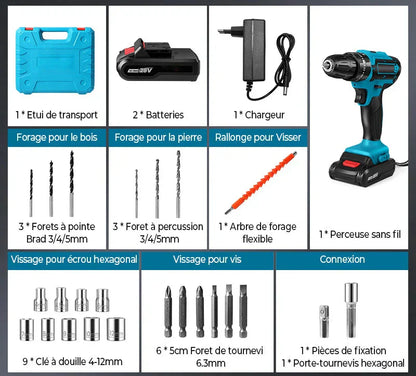 [2X1 OFERTA 2026] - KIT TALADRO INALÁMBRICO y IMPACTO + 26 ACCESORIOS + 2 BATERIAS REGALO